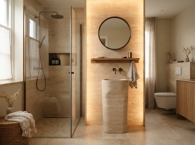 Travertine bathroom with backlit stone wall and bronze fittings
