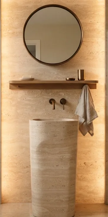 Stone pedestal basin with a timber shelf and warm backlit wall