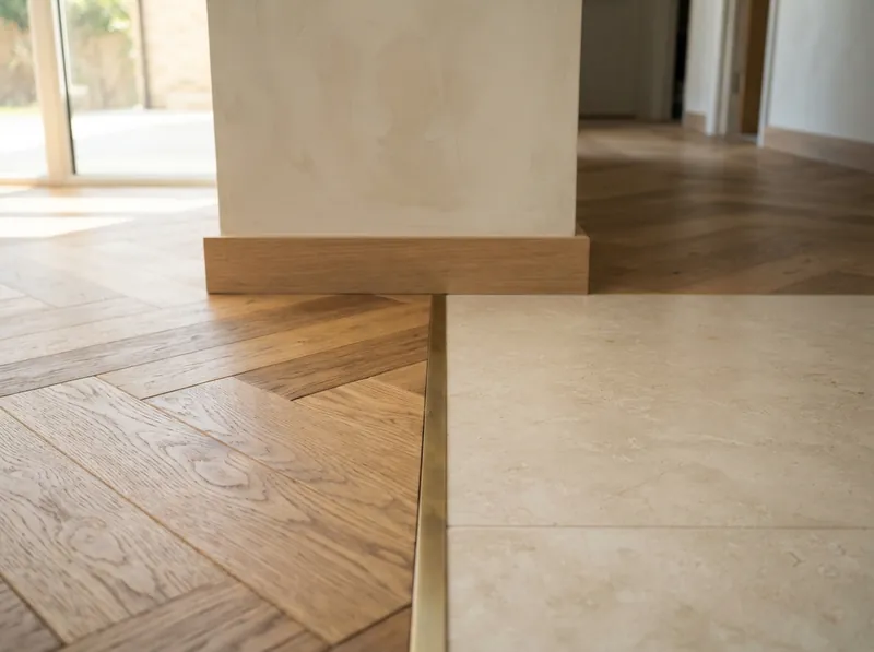 Brass trim between oak herringbone flooring and light stone tiles