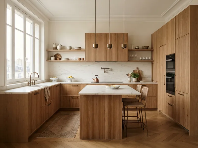 Fluted oak kitchen with marble worktops and pendant lights