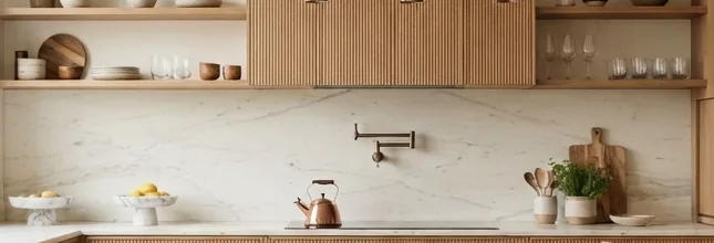 Marble splashback with open oak shelving and a wall-mounted brass pot filler