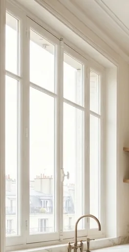 Tall window and brass tap in a bright renovated kitchen