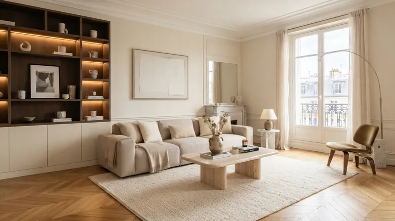 Renovated living room with warm minimalist furnishings, herringbone oak floor and tall French windows