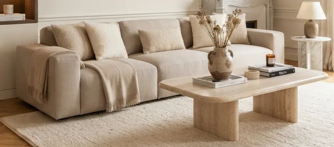 Linen sofa, travertine coffee table and dried flowers in a calm living room